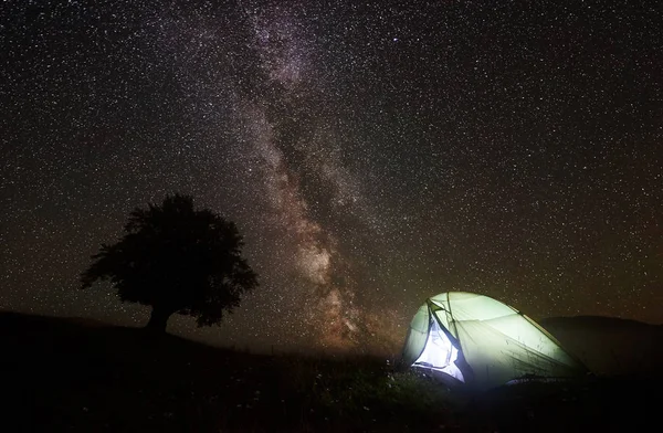 Unglaubliche Nachtansicht Des Beleuchteten Touristenzeltzelts Gebirgstal Und Des Großen Baumes — Stockfoto