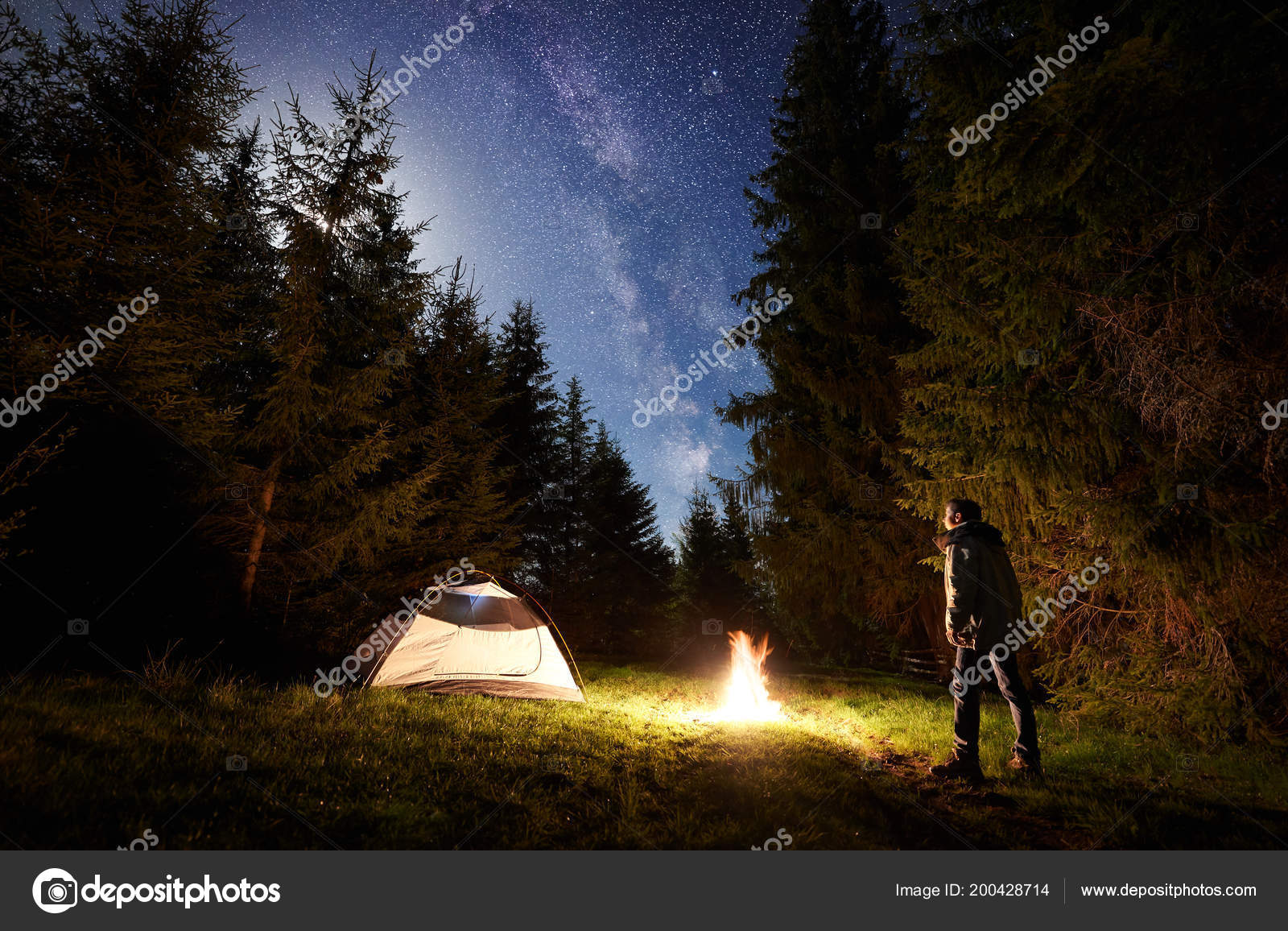 Camping Site Night Small Tent Forest Clearing Young Tourist Standing Stock Photo Image By C Anatoliy Gleb