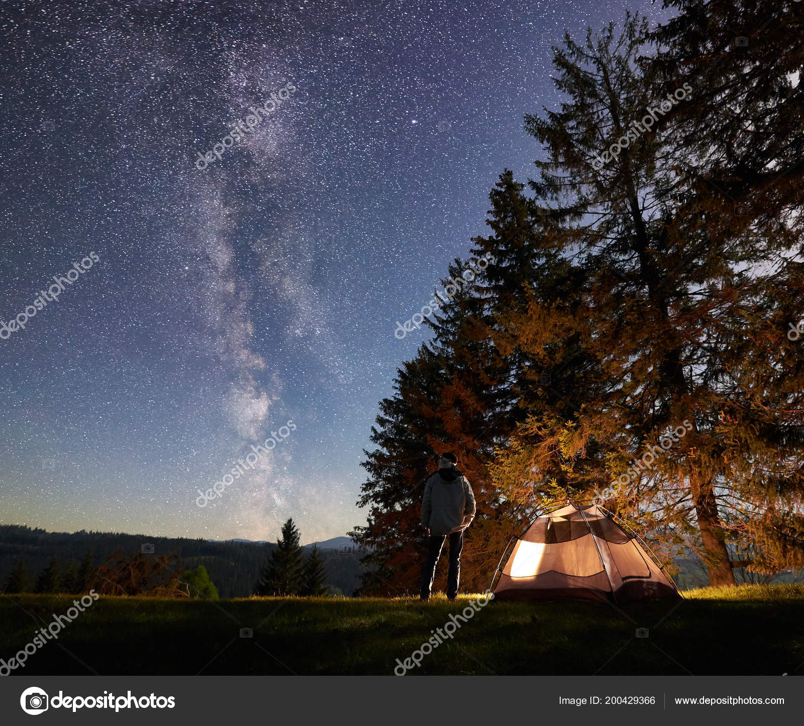 Camping Site Mountains Back View Male Hiker Standing Tourist Tent Stock Photo Image By C Anatoliy Gleb 200429366
