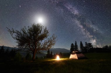 Gece dağda kamp. Ağacın altında açık koyu mavi yıldızlı gökyüzü, dolunay ve Samanyolu yakınındaki şenlik ateşi yakma tarafından turist çadır. Arka plan üzerinde yüksek çam ağaçları. Doğa ve Turizm kavramının güzellik.