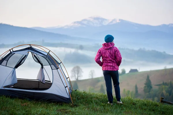 Visão Traseira Jovem Turista Perto Tenda Desfrutando Bela Vista Vale — Fotografia de Stock