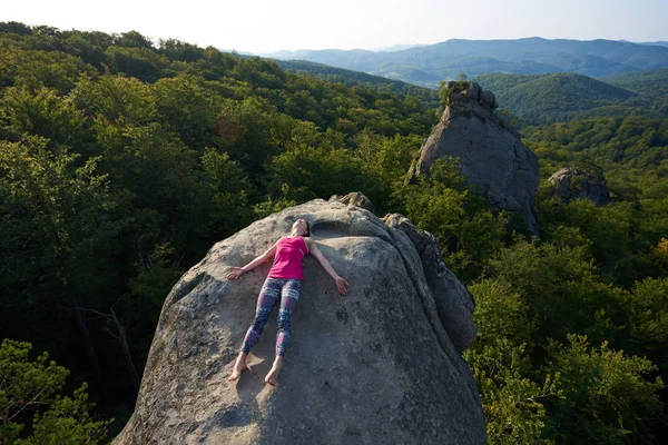 Top View Young Woman Lying Relaxed Top Big Mountain Rock — Stock Photo, Image