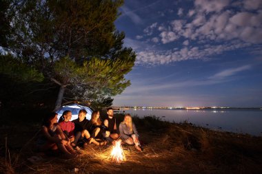 Grup altı mutlu turistler, genç erkek ve kadın turist çadır, sessiz su yüzeyi ve mavi gökyüzü arka plan akşam kamp ateşi, ağacın altında deniz kıyısında bir dinlenme. Turizm ve kamp kavramı.