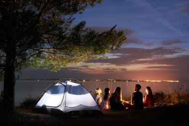 Arkadan Görünüş beş turistler, kadın ve şenlik ateşinde yumuşak su yüzeyi ve mavi gökyüzü günbatımı arka plan, akşam ağacı altında çadır etrafında deniz kıyısında oturan adam. Turizm ve kamp kavramı.