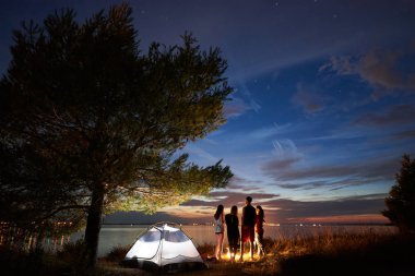 Arkadan görünümü dört turist kadın ve adam yakınında çadır altında mavi akşam gökyüzünde ilk yıldız ile kamp ateşi etrafında deniz kıyısında günbatımı ayakta. Turizm, dostluk, kamp ve doğa kavramının güzellik.