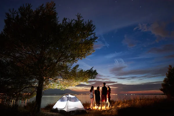 Baksidan Fyra Turister Kvinnor Och Man Står Havet Runt Lägerelden — Stockfoto