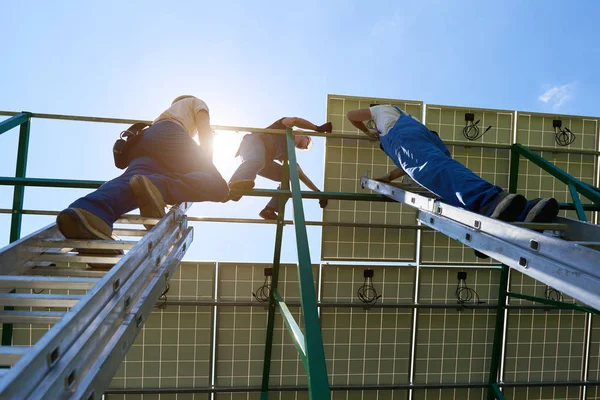 站在高高的梯子上 工人队伍安装太阳能电池屏 使用特殊设备 佩戴防护头盔 环境友好 资源节约 利用可再生太阳能发电 — 图库照片