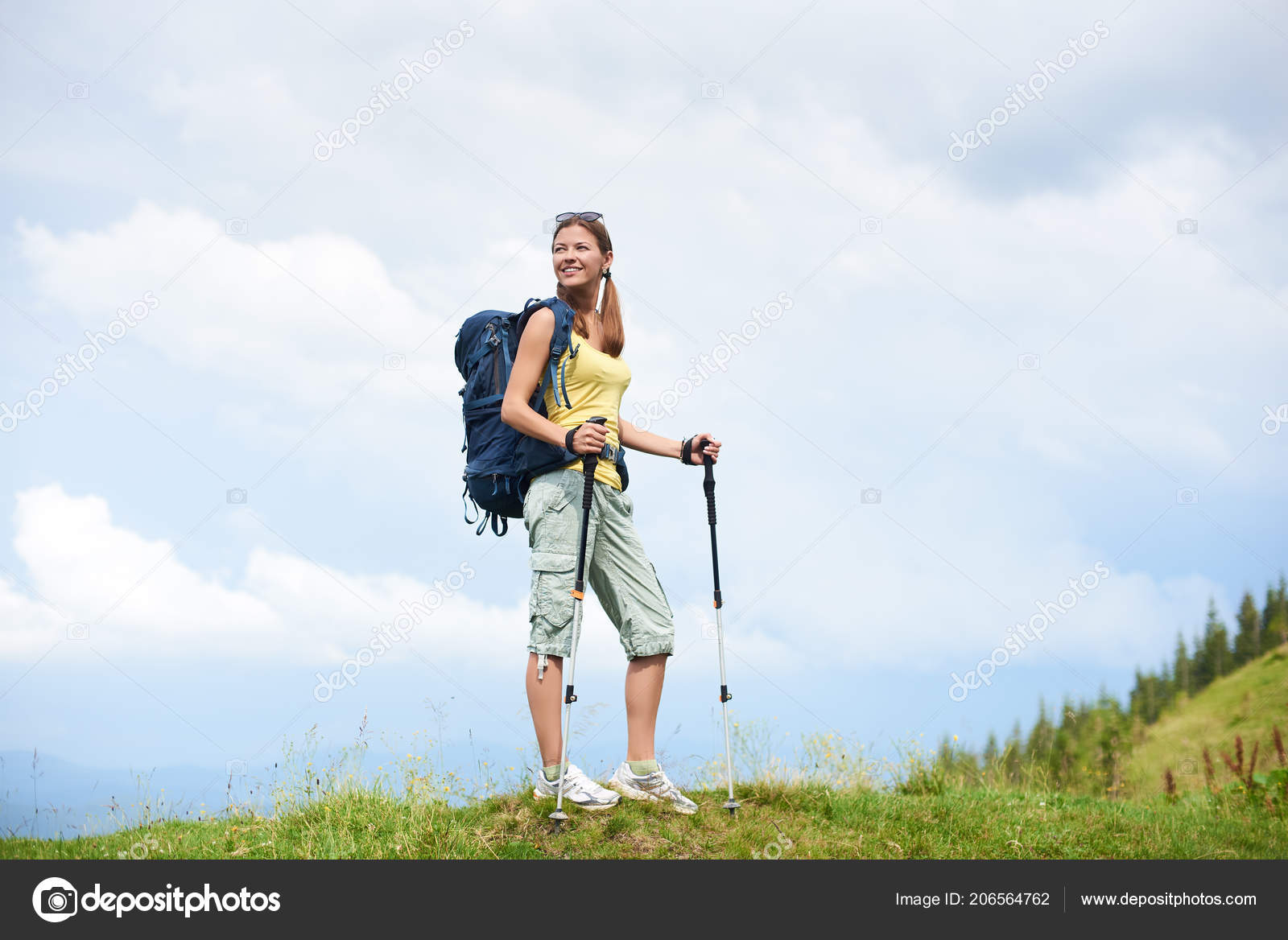 Beautiful Happy Woman Hiker Hiking Mountain Trail Walking Grassy Hill Stock  Photo by ©anatoliy_gleb 206564762