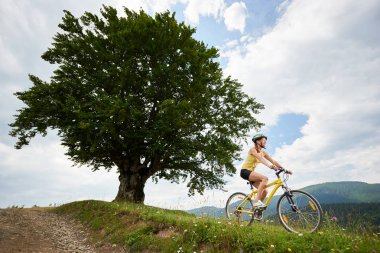 Miğfer, dağlarda yaz günü zevk büyük ağaç, yakın sarı dağ bisikleti sürme çekici mutlu kadın bisikletçi. Açık spor aktivitesi, yaşam kavramı