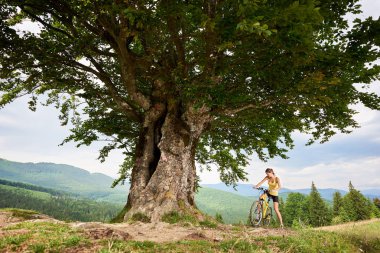 Dağlarda yaz günü zevk büyük ağacın altında sarı dağ bisikleti sürme çekici mutlu kadın motorcu. Açık spor aktivitesi, yaşam kavramı