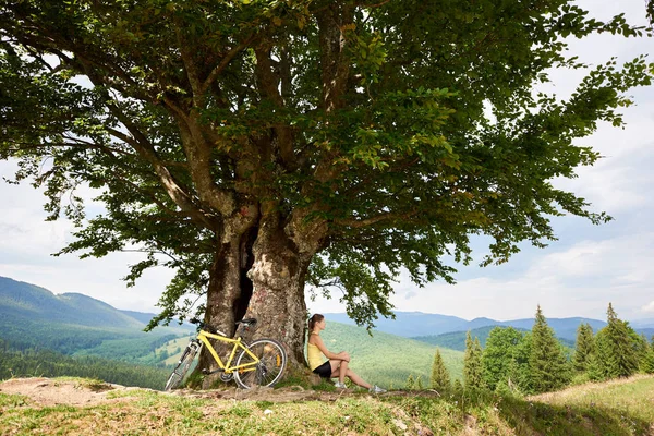 Dağlarda yaz günü zevk büyük ağacın altında sarı dağ bisikleti yakınındaki dinlenme genç mutlu kadın bisikletçi. Açık spor aktivitesi, yaşam kavramı