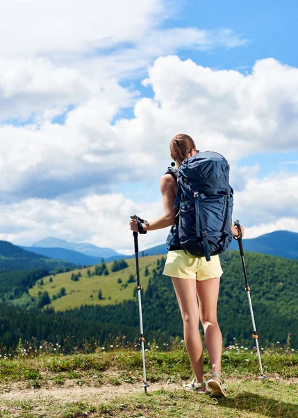 Attractive Happy Woman Backpacker Hiking Mountain Trail Walking Grassy Hill  Stock Photo by ©anatoliy_gleb 206567078