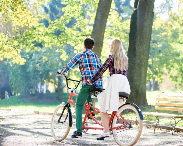 Back view of young active traveler couple, handsome man and attractive blond woman cycling together tandem double bike along crackled path in lit by bright sun beautiful park under tall trees.