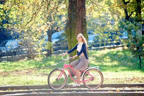 Young Attractive Smiling Blond Woman Glasses White Blouse Skirt Riding — Stock Photo, Image