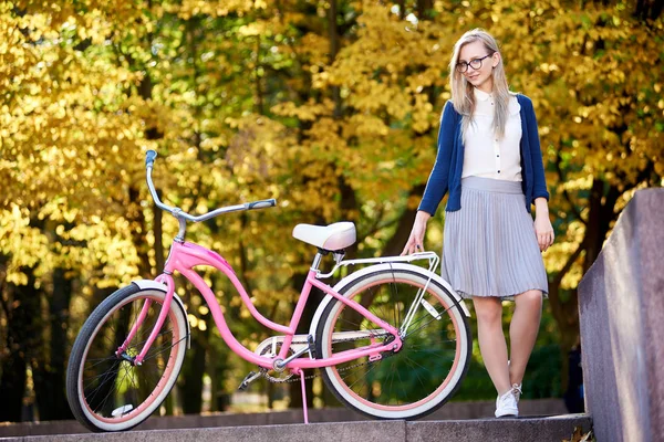 Young Smiling Attractive Blond Long Haired Girl Skirt Blouse Standing — Stock Photo, Image