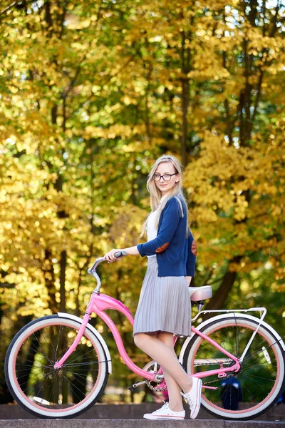 Active Blond Long Haired Attractive Girl Glasses Skirt Blouse Holding — Stock Photo, Image