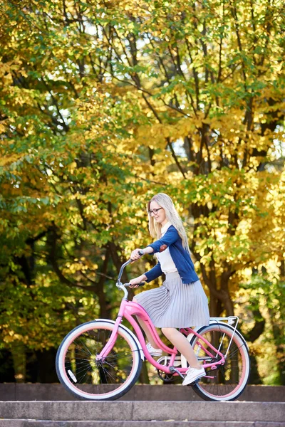 Side View Attractive Blond Long Haired Woman Glasses Skirt Blouse — Stock Photo, Image