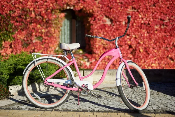 Nowoczesne Komfortowe Lady Różowy Rower Chodniku Słoneczny Tle Zielonego Trawnika — Zdjęcie stockowe