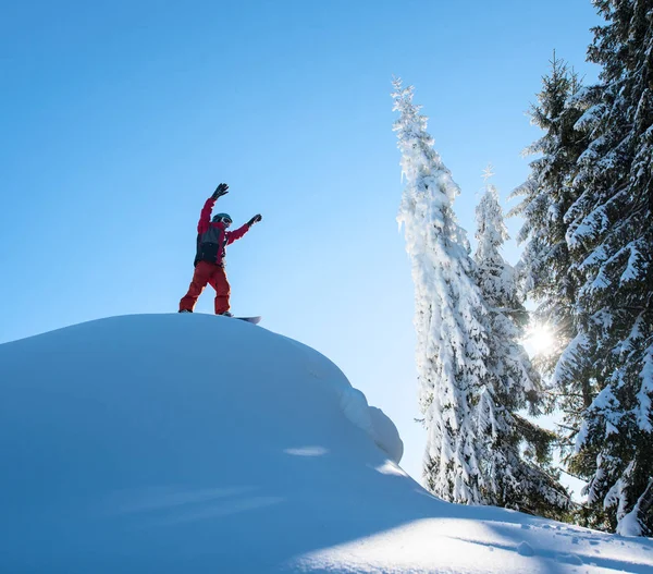 男性的滑雪板 Freerider 站在滑雪坡用双臂在空气里山 Copyspace 娱乐滑雪极端的生活方式体育概念的胜利手势 — 图库照片