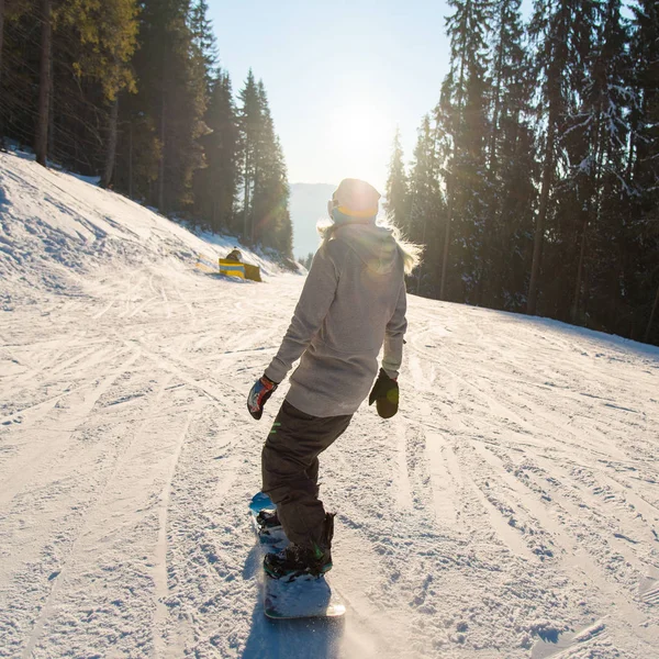 Rückansicht Eines Snowboarders Der Einem Schönen Sonnigen Wintertag Den Hang — Stockfoto