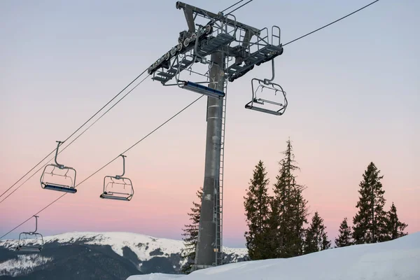 Ski Lift Chairs Winter Resort Beautiful Sky Sunset Carpathian Mountains — Stock Photo, Image