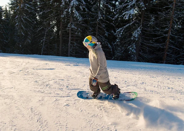 Kvinnliga Snowboardåkare Rider Lutning Natur Vintersport Aktiv Livsstil Fritids Leisure — Stockfoto