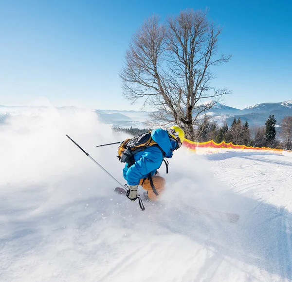 Rearview shot of a skier riding down the slope at ski resort in the Carpathians mountains seasonal activity sport sportsman hobby recreation travel concept
