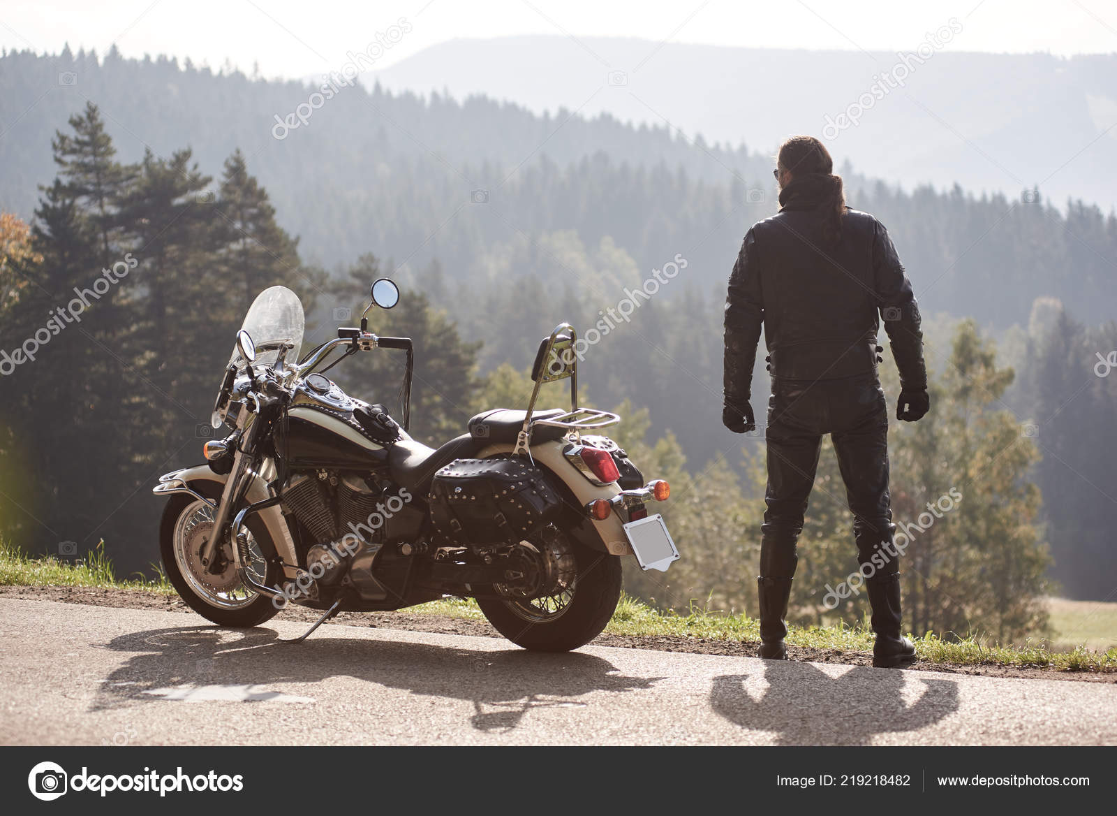 Back View Tall Athletic Sportive Muscular Motorcyclist Black Leather ...