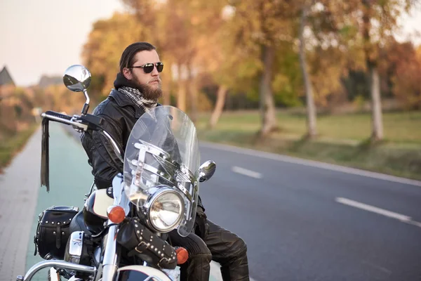 Handsome Bearded Biker Black Leather Clothing Dark Sunglasses Sitting Motorcycle — Stock Photo, Image
