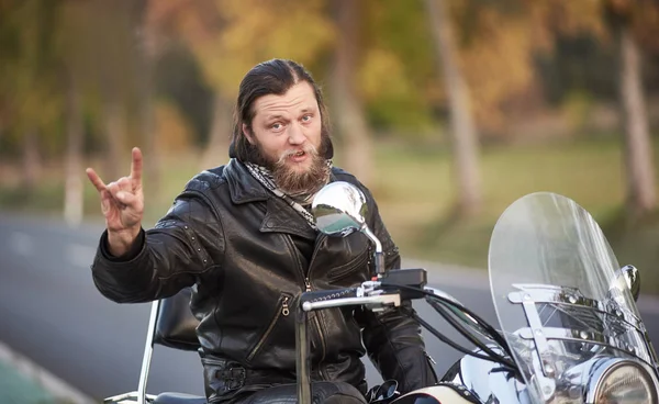 Young Handsome Bearded Motorcyclist Black Leather Clothing Sitting Shiny Modern — Stock Photo, Image