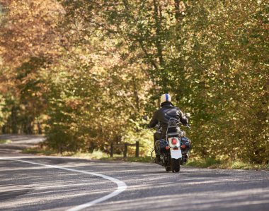 Motosikletçi siyah deri ceket ve sarı orman ağaçları yeşillik zemin üzerine parlak güneşli sonbahar günü bükülmüş asfalt yol boyunca Kruvazör motosiklet sürme kask arkadan görünüm.