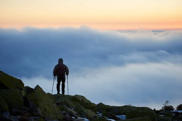 Visão Traseira Caminhante Turístico Com Mochila Paus Trekking Pico Montanha — Fotografia de Stock