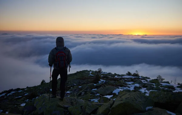 Visão Traseira Caminhante Turístico Com Mochila Paus Trekking Pico Montanha — Fotografia de Stock