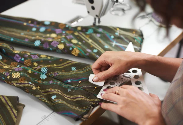 Close Female Hands Making Marking Garment Details Using Chalk Ruler — Stock Photo, Image