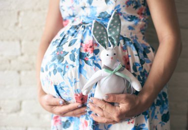 hamile anne olarak çiçekli elbise holding şirin oyuncak bunny gelecekteki çocuk için yakın çekim