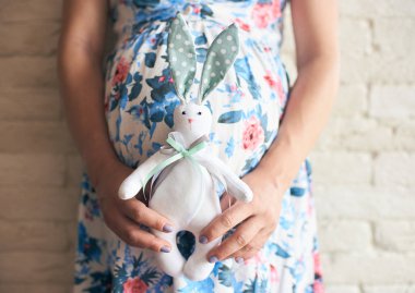 hamile anne olarak çiçekli elbise holding şirin oyuncak bunny gelecekteki çocuk için yakın çekim