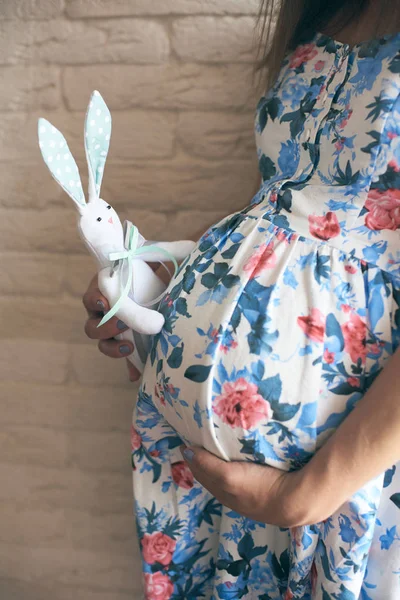 Terhes Anya Virágos Ruha Gazdaság Aranyos Játék Bunny Jövőben Gyermek — Stock Fotó