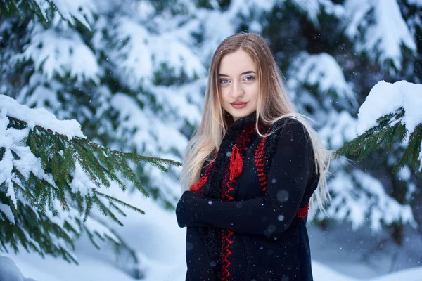 Porträtt Kvinna Mörk Blå Broderade Lång Ärmlös Fårskinnspäls Och Halsduk — Stockfoto