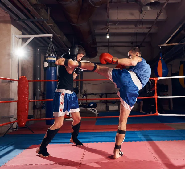 Dois Desportistas Que Praticam Kickboxing Ringue Clube Desportivo — Fotografia de Stock