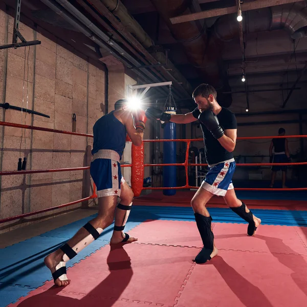 Dois Sportsmen Boxers Ativos Praticando Kickboxing Ringue Clube Esporte — Fotografia de Stock
