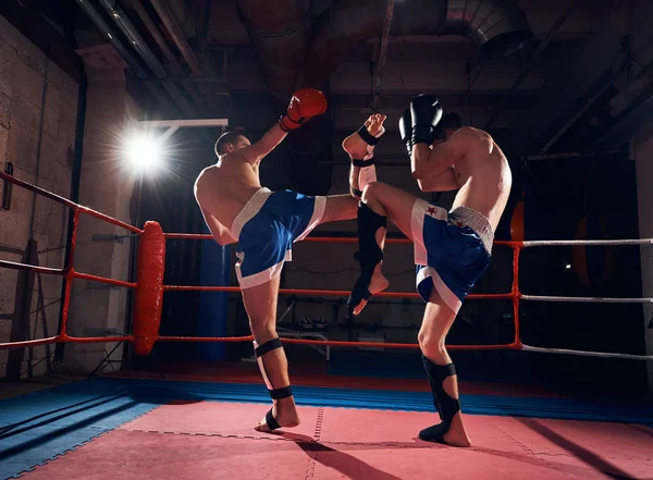 Muscular Lutador Masculino Treinamento Kickboxing Com Parceiro Sparring Ringue — Fotografia de Stock