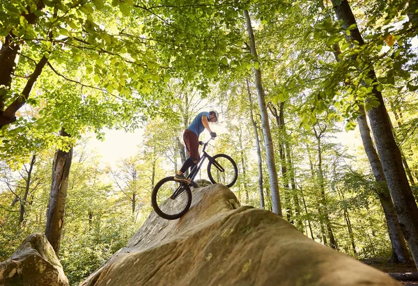运动员男子自行车运动员在试验自行车上的平衡 骑自行车在森林巨石上做杂技特技 — 图库照片