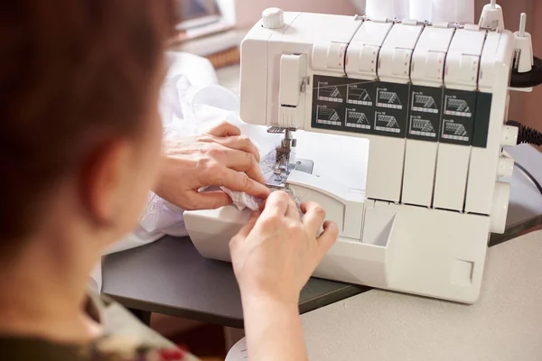 Woman Seamstress Sitting Workplace Threads Pins Background — Stock Photo, Image