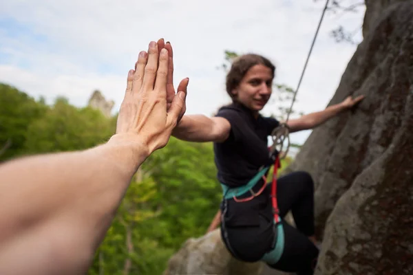 Young Female Rock Climber Hanging Safety Harness Rope — 스톡 사진