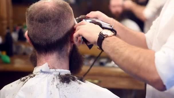 Przycięte Widok Rąk Fryzjerskich Stojących Prawej Stronie Cięcia Włosów Elektrycznym — Wideo stockowe