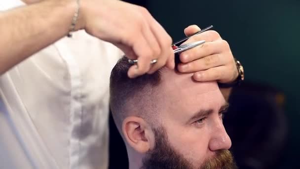 美容師によって髪を切るあごひげの男のトリミングされた側面図 — ストック動画