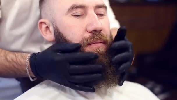 Vista Cerca Cliente Feliz Conseguir Nuevo Estilo Barba — Vídeo de stock