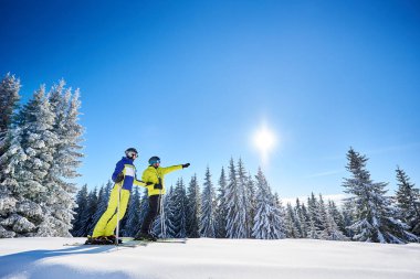 Güneşli kış havasında kayak yaparken kayakçıların düşük açılı görüntüleri