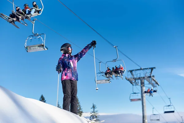 Female Skier Smiling Standing Mountain Slope Ski Lift Hoist — Stock Photo, Image