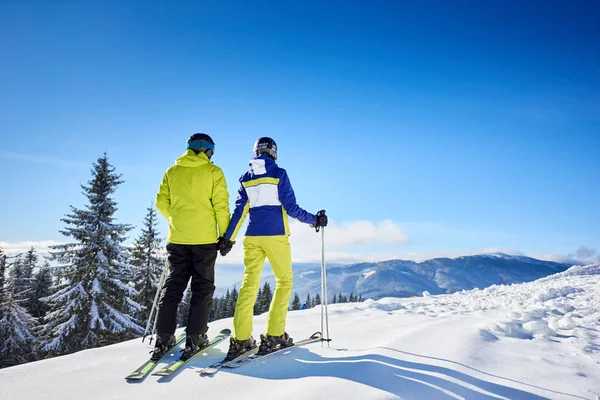 Achteraanzicht Van Een Paar Skiërs Berghelling Hand Hand — Stockfoto